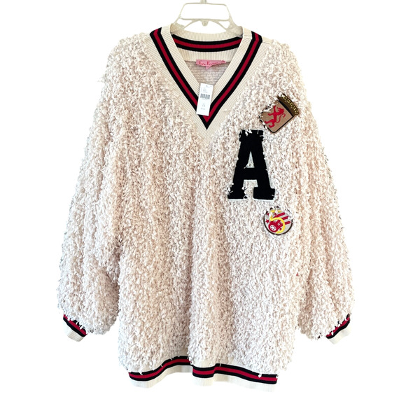 ANTHROPOLOGIE EVA FRANCO Plus Size 1X Varsity Pullover Shaggy Sweatshirt Top NWT - Picture 2 of 13